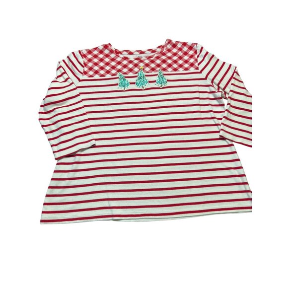 Kim Rogers Red White Striped Christmas Top Green Glitter Trees 3/4 Sleeves Sz M - Picture 1 of 4